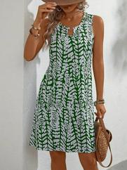 Sıfır Kol Yakadan Halka Detaylı Desenli Kısa Bürümcük Elbise