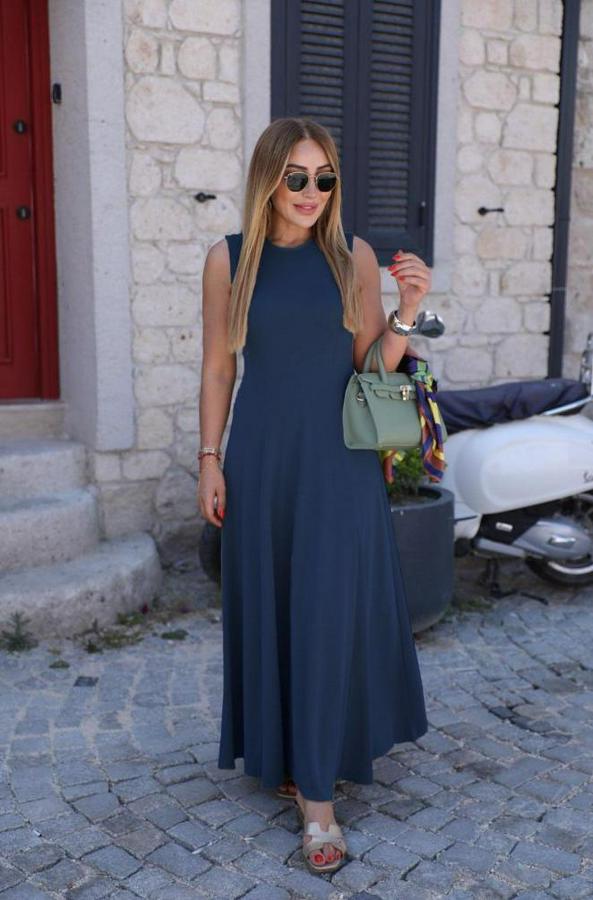 Sıfır Kollu Bisiklet Yaka Viskon Elbise