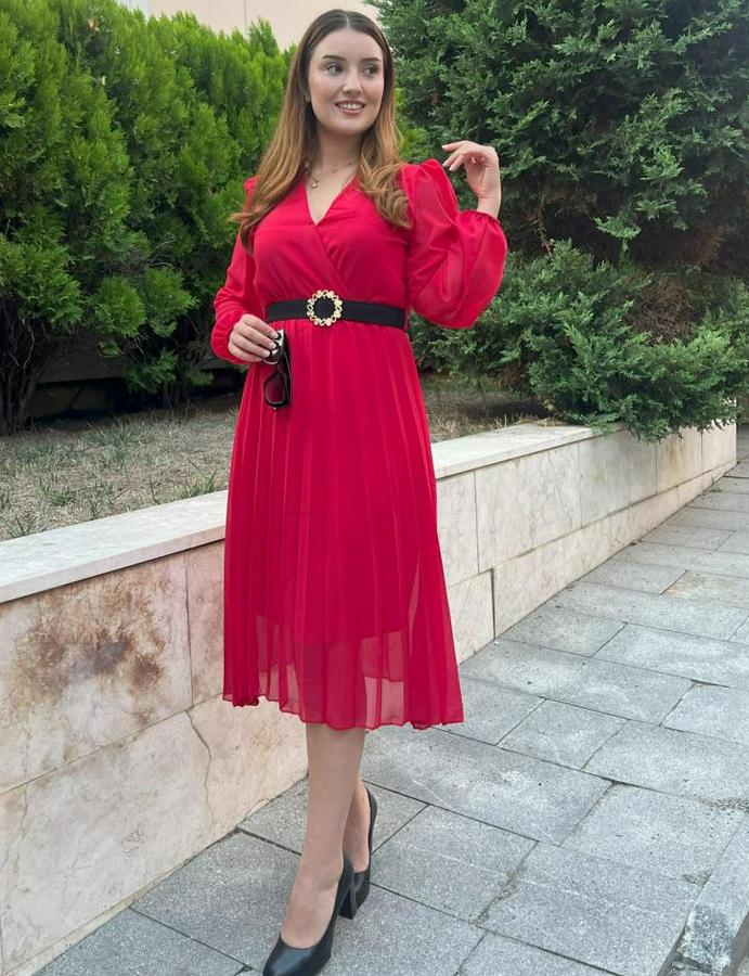 Şifon Kumaş Astalı Kloş Kesim Kruvaze Yaka Midi Boy Elbise