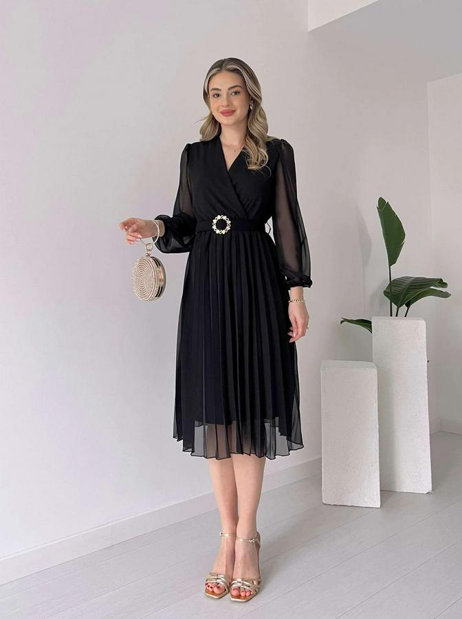 Şifon Kumaş Astalı Kloş Kesim Kruvaze Yaka Midi Boy Elbise