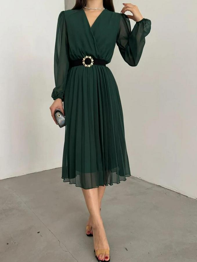 Şifon Kumaş Astalı Kloş Kesim Kruvaze Yaka Midi Boy Elbise