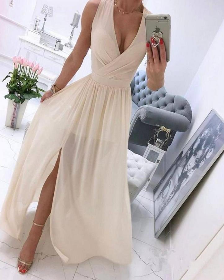Şifon Kumaş V Yaka Sıfır Kol Maxi Boy Elbise