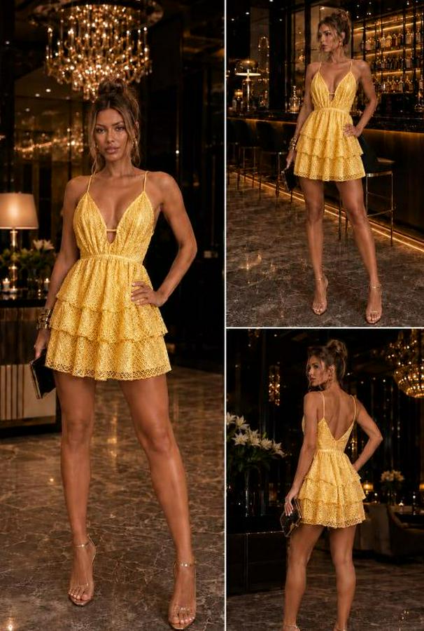 Sırt Ve Derin Göğüs Dekolteli Astarlı Dantel Kumaş Volanlı Mini Elbise