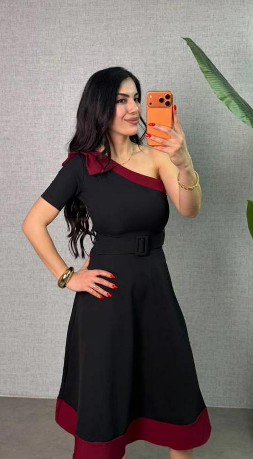 Tek Omuz Fiyonk Detaylı Midi Boy Elbise