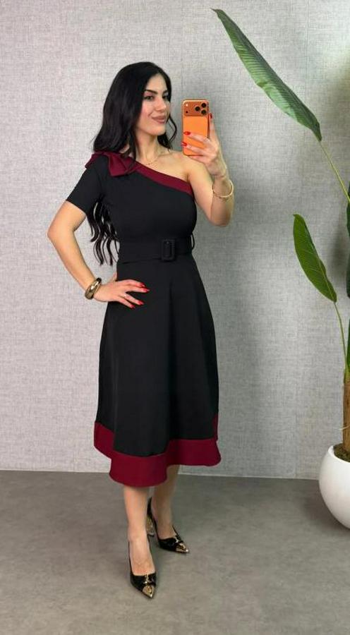 Tek Omuz Fiyonk Detaylı Midi Boy Elbise