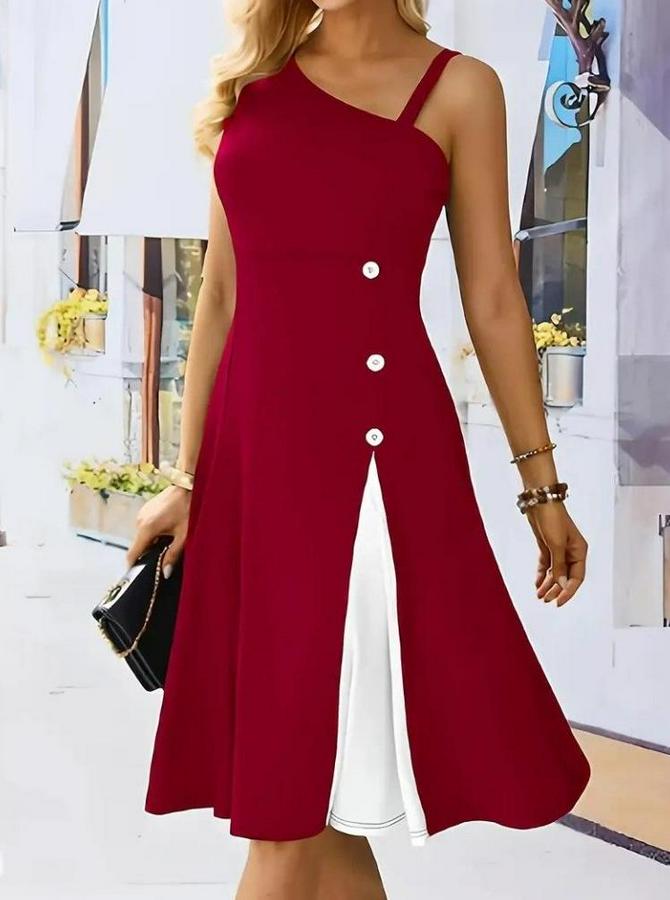 Tek Omuzu Şerit Detaylı Kolsuz Yandan Düğme Detaylı Viskon Elbise