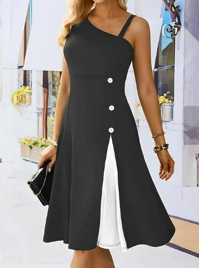 Tek Omuzu Şerit Detaylı Kolsuz Yandan Düğme Detaylı Janjan Krep Elbise