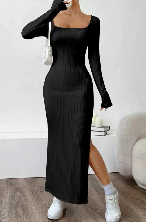 Trend U Yaka Yırtmaçlı Uzun Kol Kalın Fitili Elbise