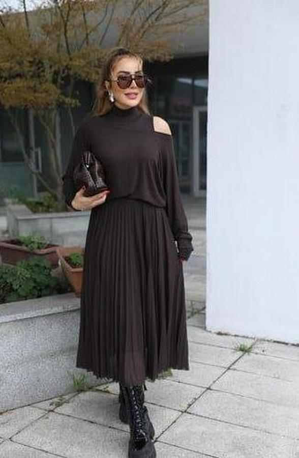 Triko Plise Ve Tül Detay Iki Parça Elbise