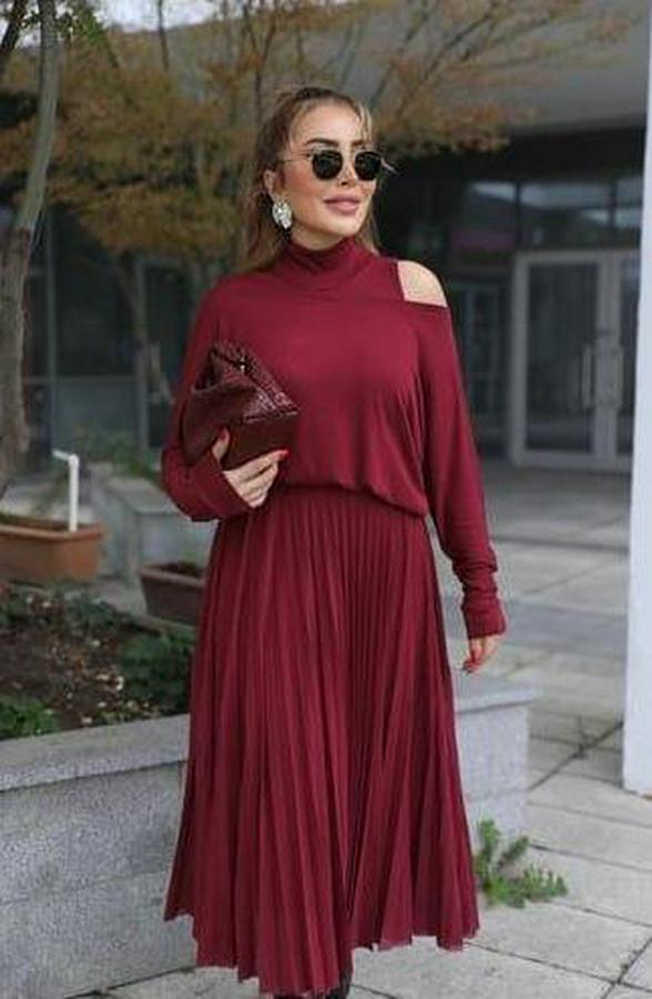 Triko Plise Ve Tül Detay Iki Parça Elbise