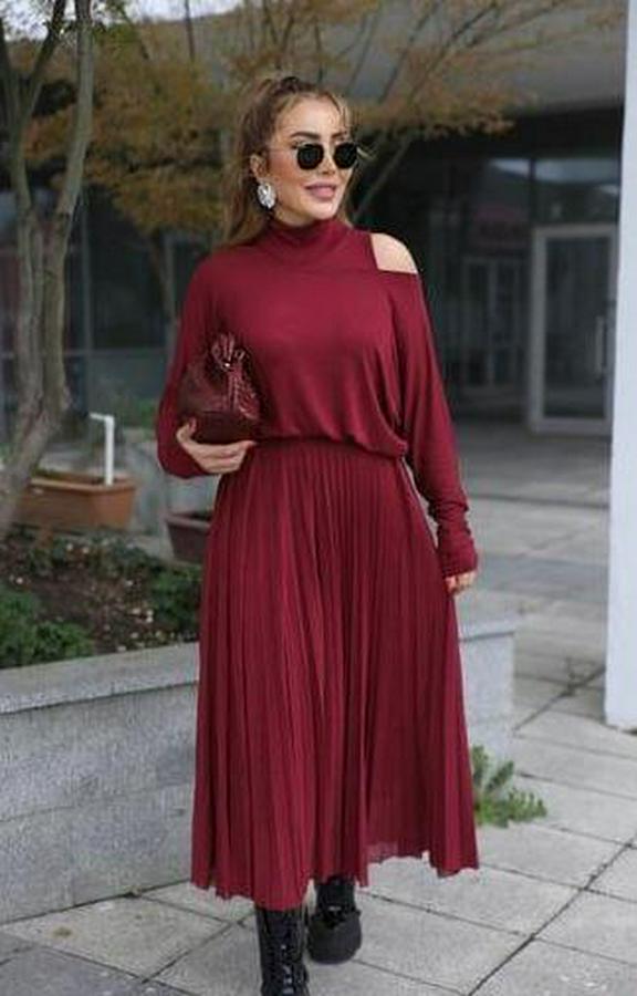 Triko Plise Ve Tül Detay Iki Parça Elbise