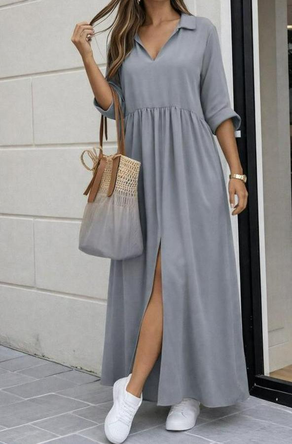 Truvakar Kollu V Yakalı Yırtmaçlı Uzun Aerobin Elbise