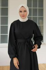 Uzun Kol Bisiklet Yaka Belden Bağlamalı Elbise