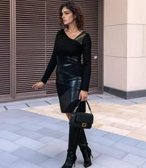 Uzun Kollu Asimetrik Yaka Süet Ve Deri Mini Boy Elbise