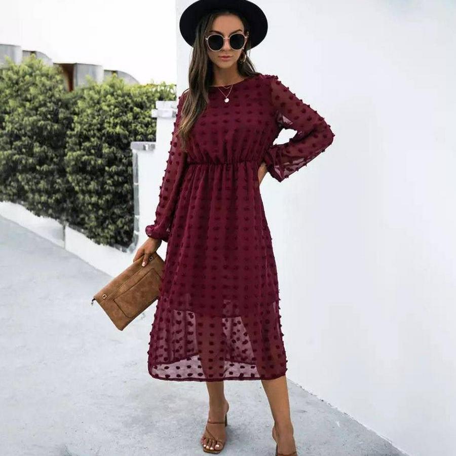 Uzun Kollu Astar Detay Fırsat Ürün Ponpon Şifon Elbise