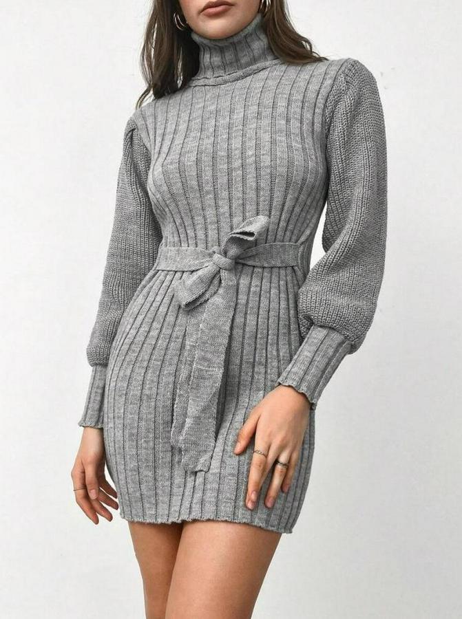 Uzun Kollu Balıkçı Yaka Beli Kuşaklı Mini Triko Elbise