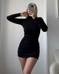 Uzun Kollu Balıkçı Yaka Büzgü Detay Kaşkorse Kumaş Mini Elbise