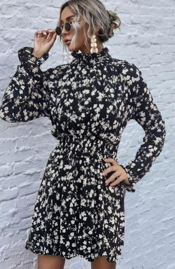 Uzun Kollu Balıkçı Yaka Çiçek Baskılı Helen Kumaş Elbise