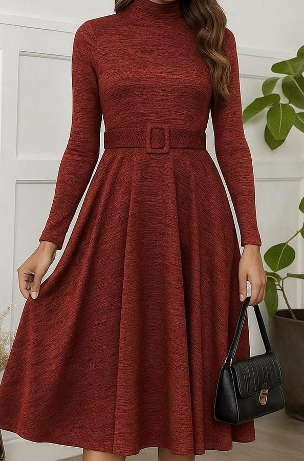 Uzun Kollu Balıkçı Yaka Kemer Detaylı Yumoş Midi Elbise