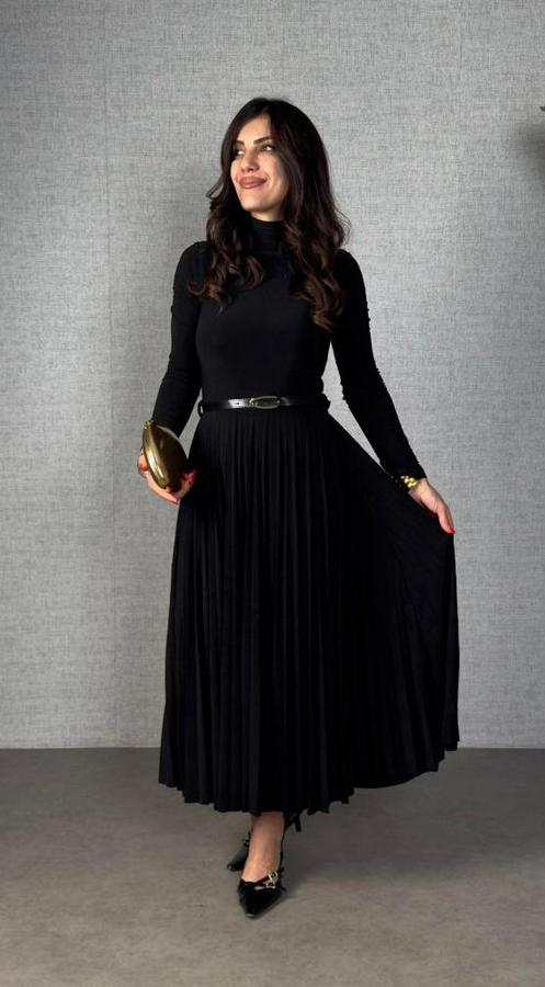 Uzun Kollu Balıkçı Yaka Kemersiz Pileli Uzun Sandy Elbise