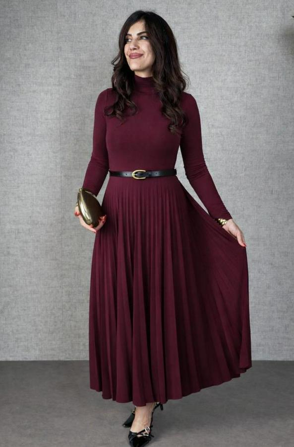 Uzun Kollu Balıkçı Yaka Kemersiz Pileli Uzun Sandy Elbise