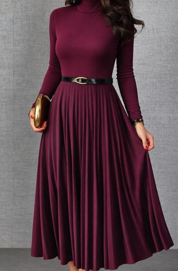 Uzun Kollu Balıkçı Yaka Kemersiz Pileli Uzun Sandy Elbise