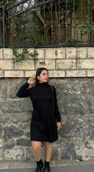 Uzun Kollu Balıkçı Yaka Kısa Şardonlu Kaşkorse Elbise