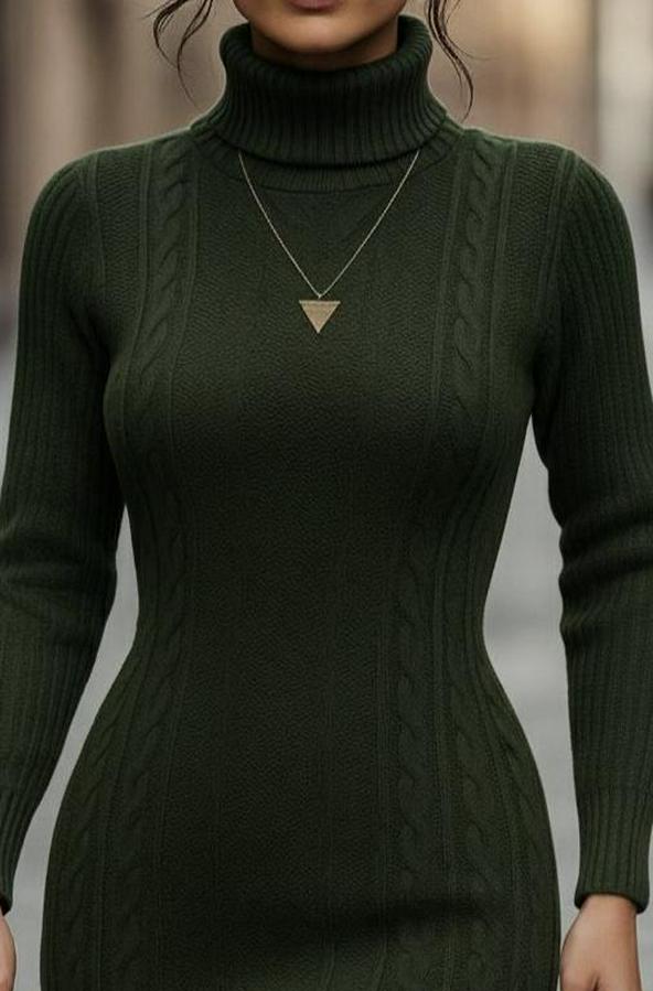 Uzun Kollu Balıkçı Yaka Kısa Triko Elbise