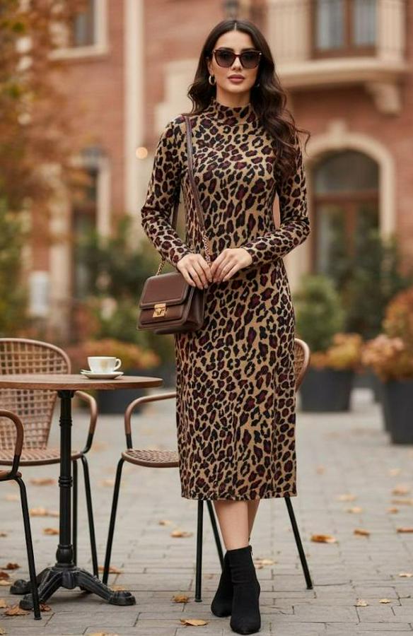 Uzun Kollu Balıkçı Yaka Leopar Desenli Midi Boy Elbise