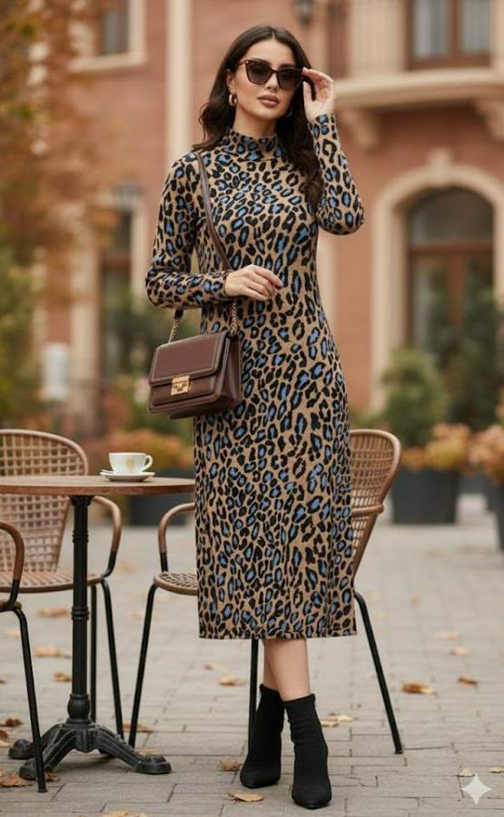 Uzun Kollu Balıkçı Yaka Leopar Desenli Midi Boy Elbise