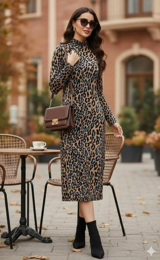 Uzun Kollu Balıkçı Yaka Leopar Desenli Midi Boy Elbise