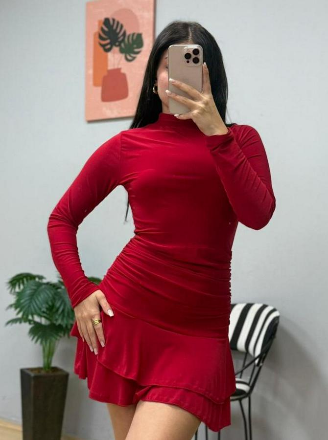 Uzun Kollu Balıkçı Yaka Mini Fırfırlı Sandy Elbise