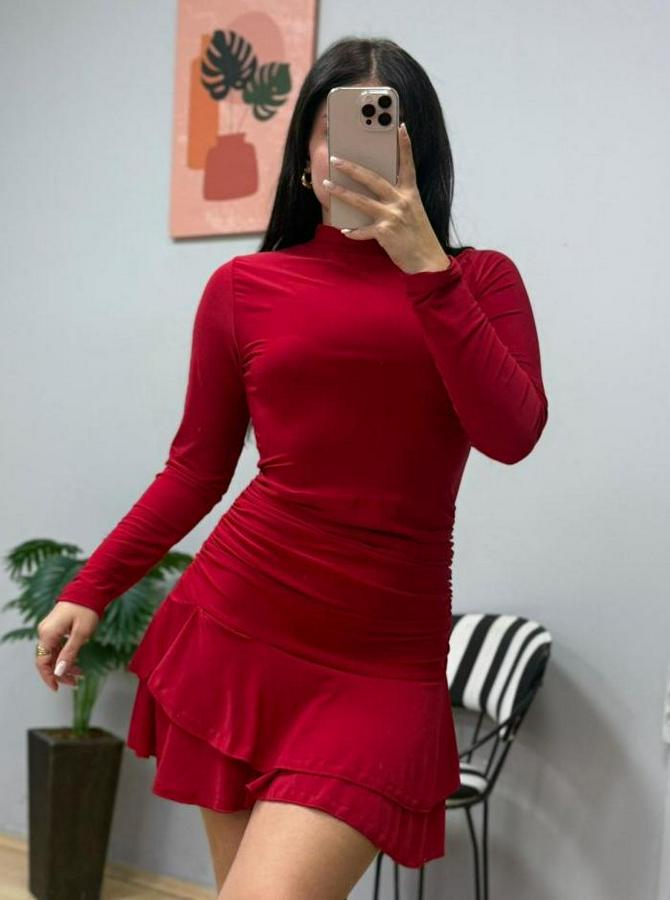 Uzun Kollu Balıkçı Yaka Mini Fırfırlı Sandy Elbise