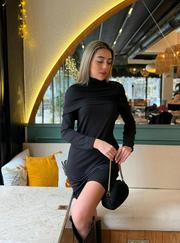 Uzun Kollu Balıkçı Yaka Omuz Katlamalı Dalgıç Kısa Elbise