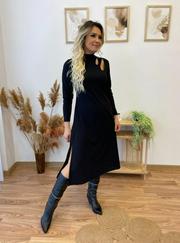 Uzun Kollu Balıkçı Yaka Omuzda Damla Detaylı Yırtmaçlı Krep Midi Elbise