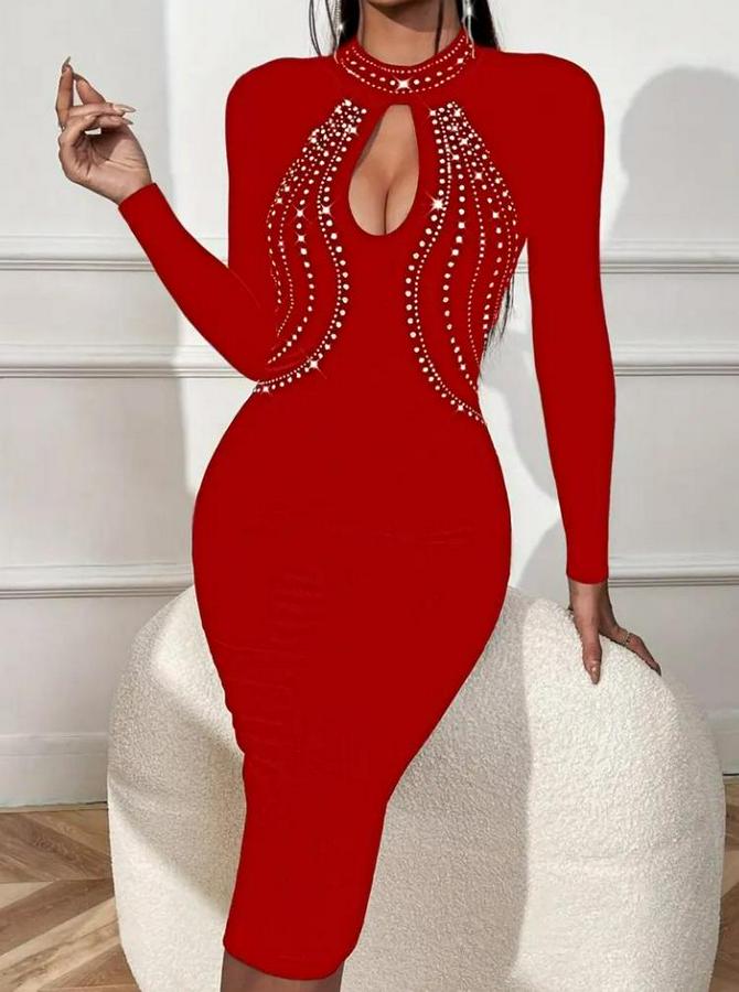 Uzun Kollu Balıkçı Yaka Taşlı Damla Detay Midi Ithal Krep Elbise