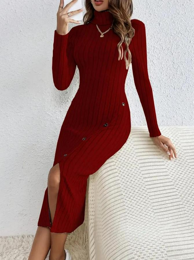 Uzun Kollu Balıkçı Yaka Yırtmaçlı Düğmeli Şardonlu Kaşkorse Elbise