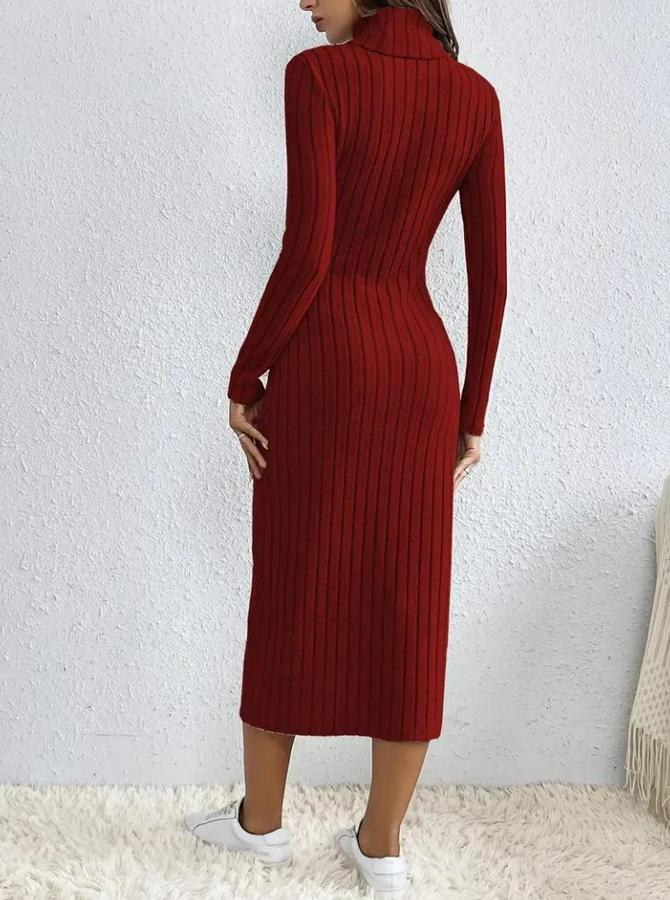 Uzun Kollu Balıkçı Yaka Yırtmaçlı Düğmeli Şardonlu Kaşkorse Elbise