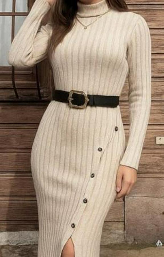 Uzun Kollu Balıkçı Yaka Yırtmaçlı Düğmeli Şardonlu Kaşkorse Elbise