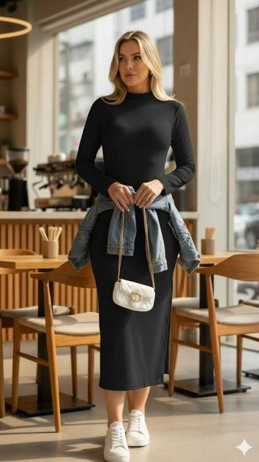 Uzun Kollu Balıkçı Yakalı Yanlardan Yırtmaçlı Kaşkorse Maxi Elbise