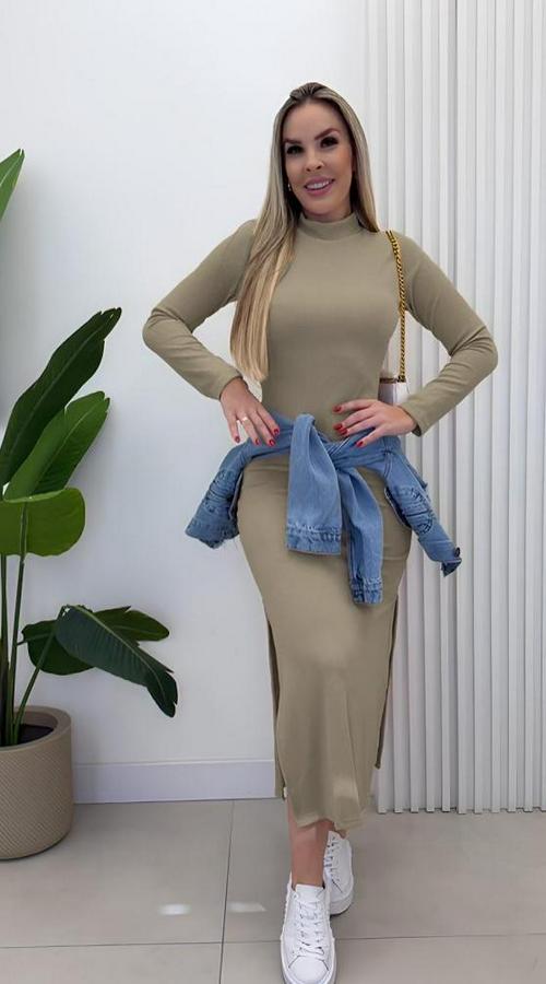 Uzun Kollu Balıkçı Yakalı Yanlardan Yırtmaçlı Kaşkorse Maxi Elbise