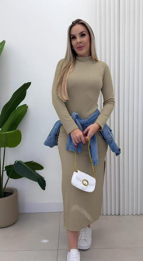 Uzun Kollu Balıkçı Yakalı Yanlardan Yırtmaçlı Kaşkorse Maxi Elbise