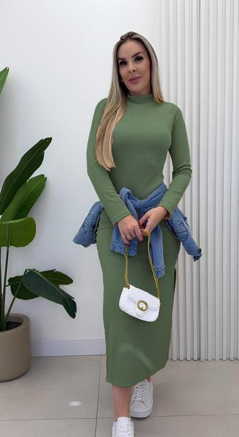 Uzun Kollu Balıkçı Yakalı Yanlardan Yırtmaçlı Kaşkorse Maxi Elbise