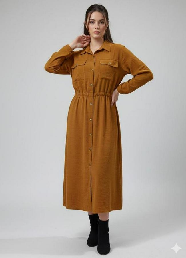 Uzun Kollu Beli Lastik Ve Düğme Detay Gömlek Elbise
