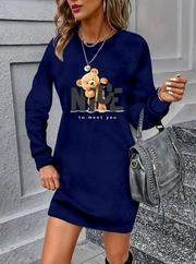 Uzun Kollu Bisiklet Yaka Ayı Desenli Viskon Iki Iplik Elbise