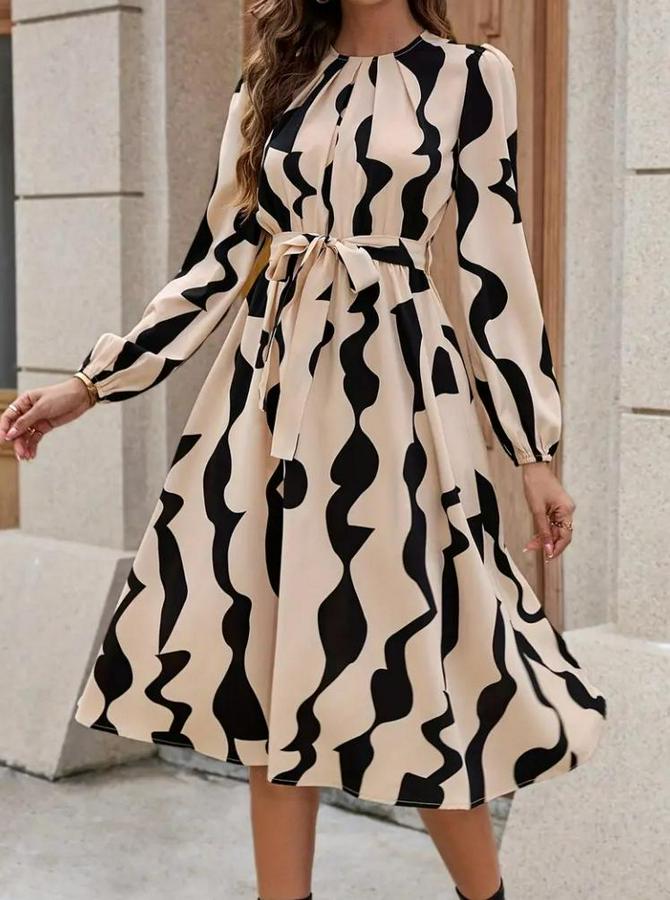 Uzun Kollu Bisiklet Yaka Belden Bağlamalı Desenli Belden Kuşaklı Mikro Süprem Midi Elbise
