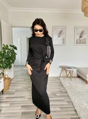 Uzun Kollu Bisiklet Yaka Belden Çapraz Bağlamalı Yandan Yırtmaçlı Uzun Viskon Iki Iplik Elbise