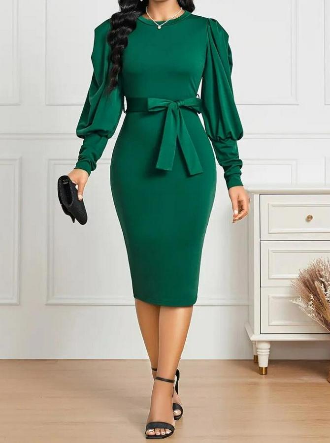 Uzun Kollu Bisiklet Yaka Beli Kuşaklı Ithal Krep Midi Elbise