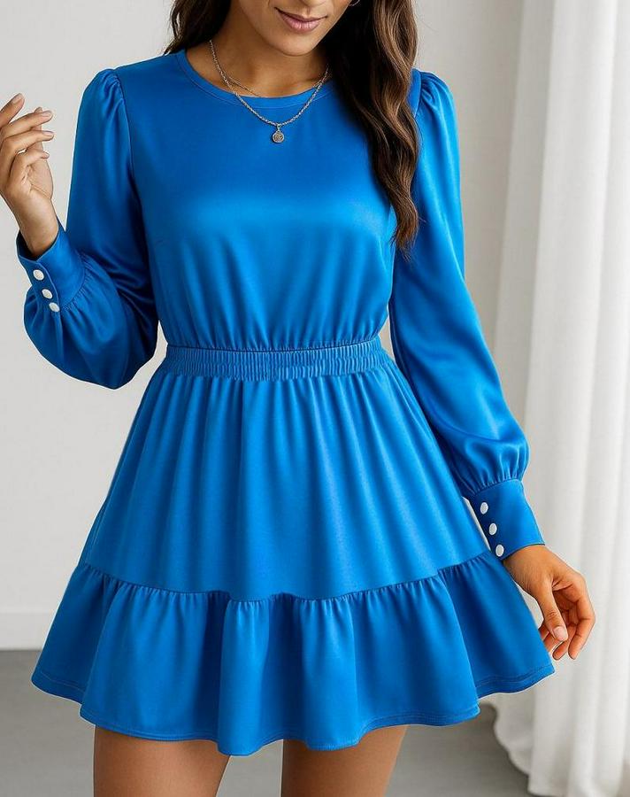 Uzun Kollu Bisiklet Yaka Beli Lastikli Fırfırlı Ithal Krep Elbise