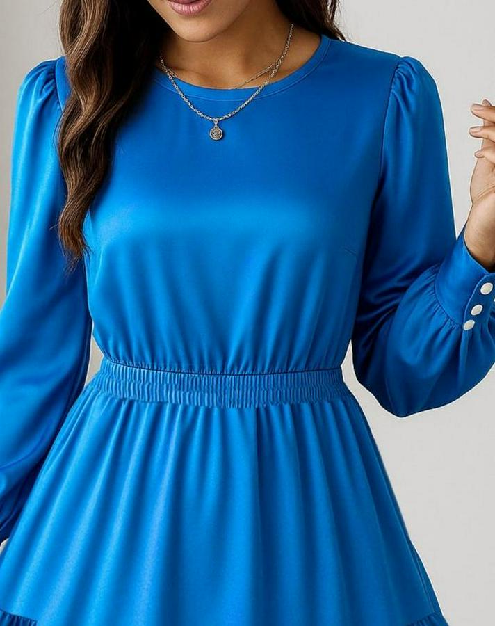 Uzun Kollu Bisiklet Yaka Beli Lastikli Fırfırlı Ithal Krep Elbise